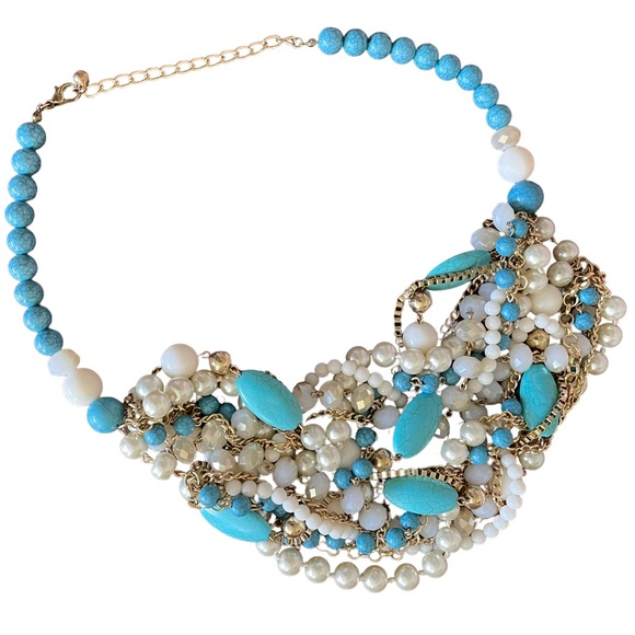 Multi-strand Statement Necklace Faux Pearl Turquoise Howlite Gold-tone Beads - Picture 2 of 7